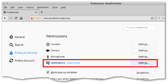Configuración de sitios que pueden lanzar Notificaciones en Firefox